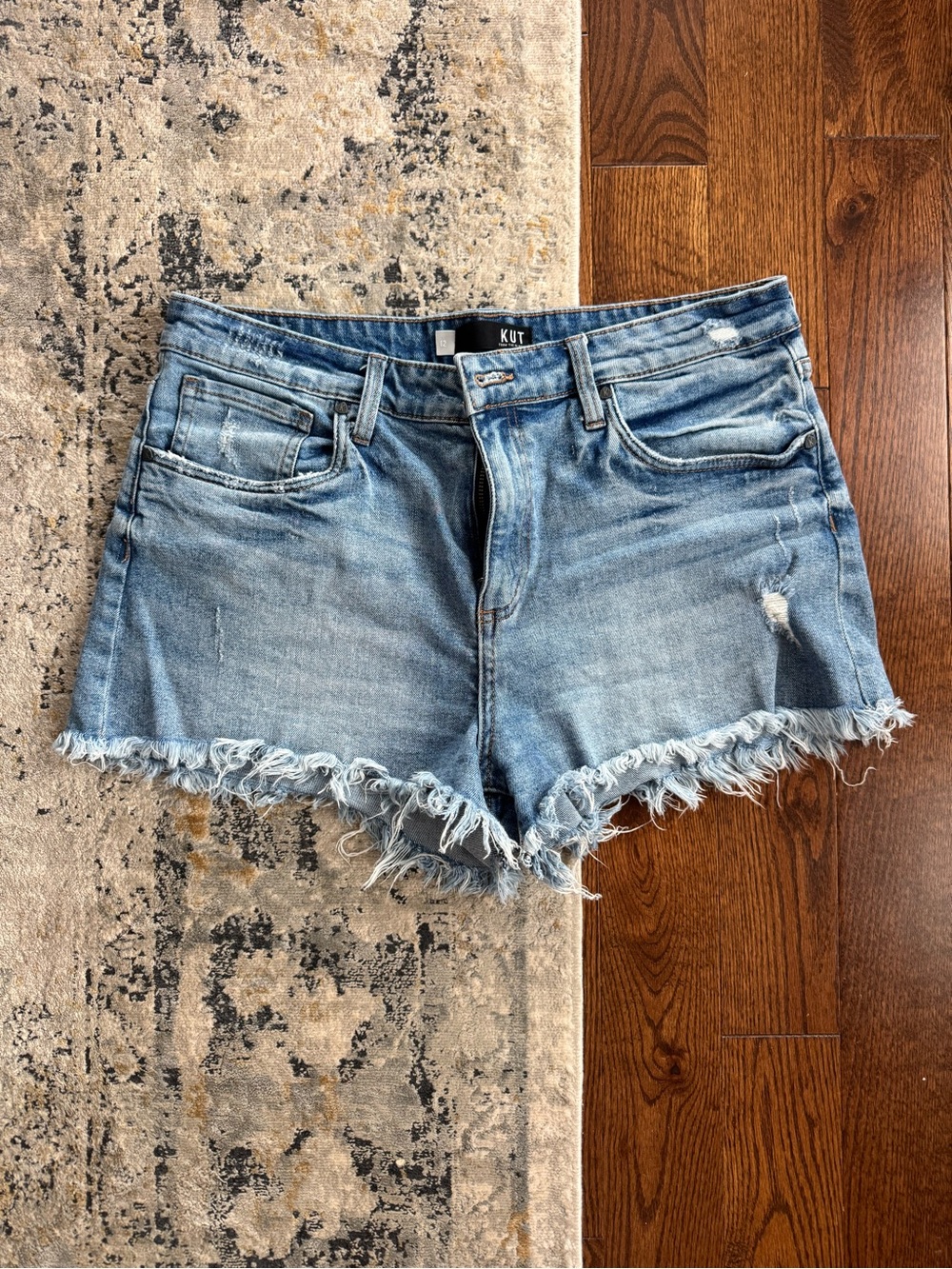 Kut from the Kloth Jane Medium Wash Frayed Hem Denim Shorts